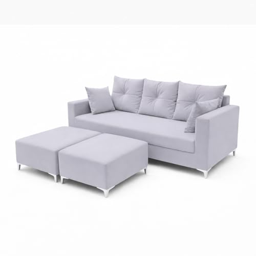 Image of Zora 5 Seater L Shape Sofa Set with 2 Movable Ottomans | Flexible Layout | Rich Velvet Suede Fabric | Silver Legs | Spacious Seating | Modern Sofa for Living Room (Light Grey)