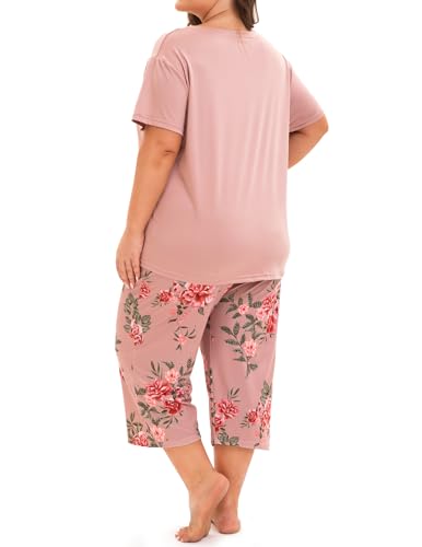Image of Plus Size Pajamas for Women Set, Womens Plus Size Short Sleeve V Neck Capri Pants Pajama Sets with Pockets