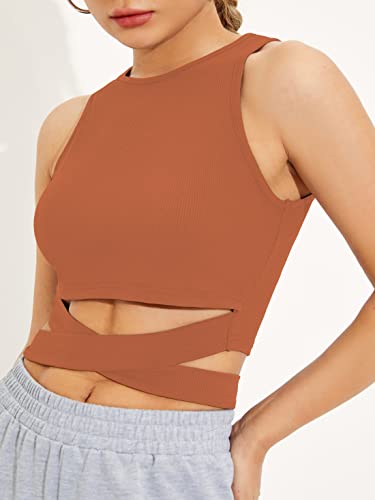 Image of Shasmi Women's & Girl's Black and Orange Solid Ribbed Round Neck Collarless Sleeveless Slim Fit Lace Up Tank Tops (Top 45)