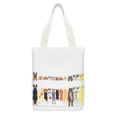 Sacola com zíper de bolso interno para mulheres em pé, cães, gatos, colorido, dupla face, reutilizável, resistente, sacolas de compras, tecido de algodão, lona, bolsa de ombro para academia, viagens