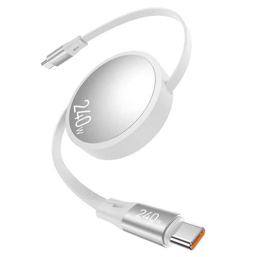 Image of CAFELE 240W Retractable USB-C Cable, USB-C to USB-C Cable 5A Fast Charger Cord, 5-Stage Adjustable Length USB Type-C Charger Cord for iPhone 17, 16, 15 Pro Max, S24 /S23, MacBook, iPad (White)