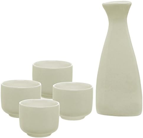 MyGift White Ceramic Hot Sake Set with Tokkuri Bottle Carafe (5 oz) and 4 Ochoko Cups (1.6 oz), Japanese Style Sake Wine Serving Set