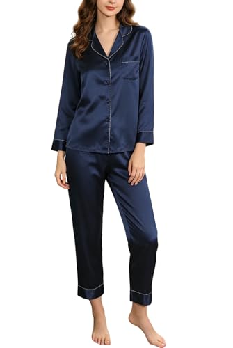 Pyjama en 100% soie femme ensemble capri manches longues col cranté