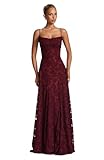 zoteno Women's Lace Spaghetti Strap Formal Dresses for Women Cowl Neck Black Tie Gowns Wine Red Floral Ruched A-Line Long Wedding Guest Dress US 4