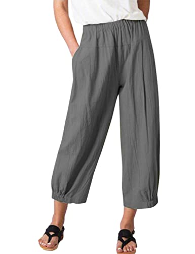 Zontroldy Linen Capri Pants for Women High Waisted Wide Leg Yoga Capris Crop Pants Sweatpants with Pockets(0768-Gray-L)