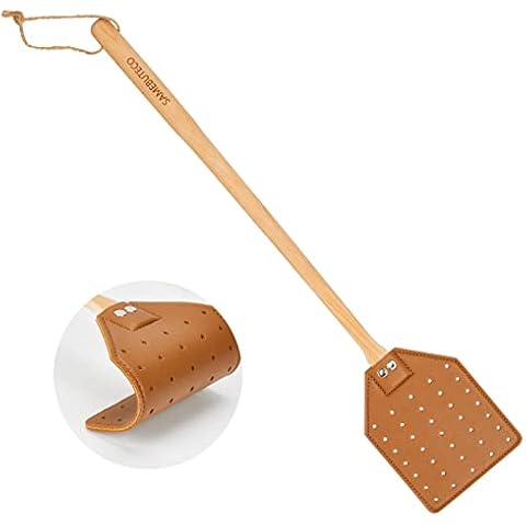 SAMEBUTECO Heavy Duty Leather Fly Swatter Brown Leather with Beech Wood Long Handle for Indoor and Outdoor 19.7’’ Cover