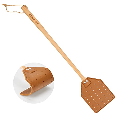 Samebuteco Heavy Duty Leather Fly Swatter Brown Leather With Beech Wood Long Handle For Indoor And Outdoor 19.7’’ #TOP20