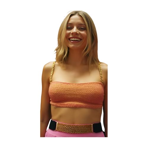 Women Neon Yellow Skinny Belt - Fashion Elastic Waistband Gold Metal Links Buckle S M One Size3