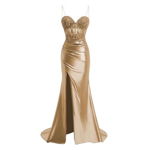 Image of Spaghetti Strap Sweetheart Satin Prom Dresses with Split Lace Appliques Pleated Mermaid Long Evening Gown TM13