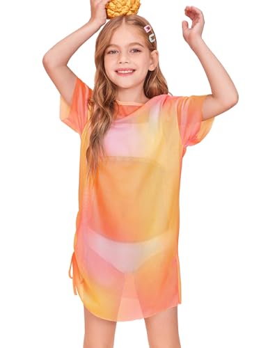 Image of Batermoon Girls Mesh Swim Cover Up Kids Summer Tie Dye Hollow Out Beach Coverup with Drawstring 5-14 Years