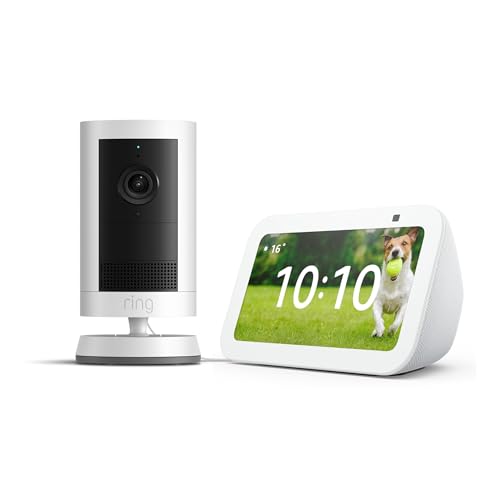 Miniatura 2 de Echo Show 5 (Última generación), Blanco + Ring Cámara exterior Plus con batería, Blanco, ve tu cámara en el Echo Show, con Acceso Anticipado a Alexa+