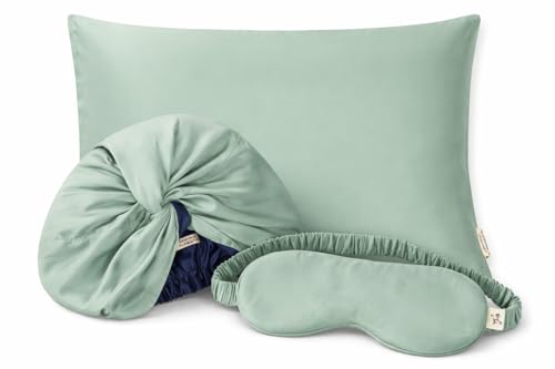 Image of Clementine Sleepwear Essentials Organic Match Point Green Sleep Mask + Hair Bonnet + Queen Size Pillow