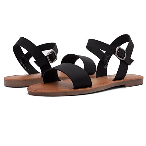 Herstyle Keetton Women's Open Toes One Band Ankle Strap Flat Sandals Black 11.0