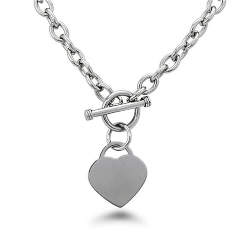 High Polished Stainless Steel Heart Charm Cable Chain Necklace with Toggle Clasp Silver Length 16