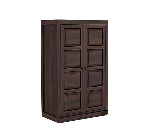 Image of Sheesham Wood Wooden 2 Door Wardrobe Organizer for Clothes | - Solid Wood Almirah with 2 Shelves - with Hanging Space Cupboard for Large Bedroom (Design 19)