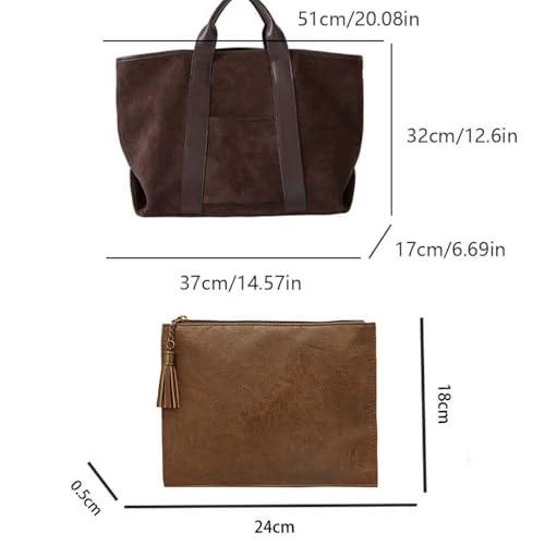 Image of (2pcs) suede tote bag for women and Clutch Set Large Suede Tote Work Bag Handbag Tote Faux Suede Handbag Vintage Fall Bag (curry)