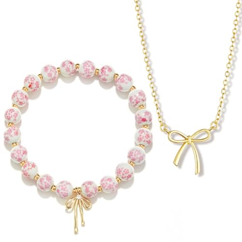 ZGDYi Set Collier Femme et Bracelet Perles, Collier Nœud Plaqué Or 14K et Bracelet Élastique Perles Pierre Naturelle, Bijou Femme Élégant,Pendentif Doré et Tendance, Cadeaux pour filles et femmes