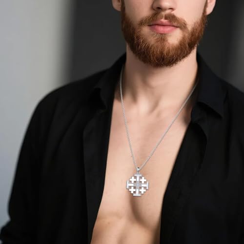 Jerusalem Cross necklace 925 Sterling Silver Jerusalem Cross Pendant Christian Jewelry for Men, w/Stainless Steel Chain 22”+2”3