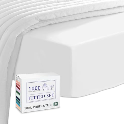Pizuna Luxurious Cotton King Size Fitted Sheet White, 1000 Thread Count 100% Long Staple Cotton Fitted Sheets King Size 150x200 cm, Sateen Weave Thick Fitted Sheet Extra Deep 40 cm Fit - 1 PC