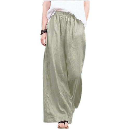 Akivide Womens Cotton Linen Palazzo Pants Drawstring Elastic High Waist Casual Wide Leg Trousers with Pockets