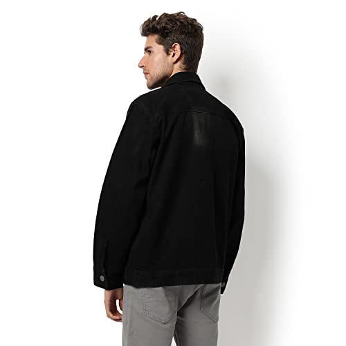 Image of Campus Sutra Men's Dark-Washed Black Regular Fit Denim Jacket For Winter Wear | Collared Neck | Full Sleeve | Buttoned | Casual Denim Jacket For Man | Western Stylish Denim Jacket For Men