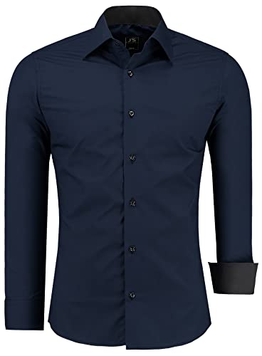 J'S FASHION Herren-Hemd - Slim-Fit - Langarm-Hemd Freizeithemd - Pflegeleicht Bügelleicht - Dunkelblau L
