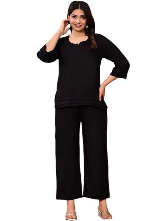 Co-ord Set Solid Black Cotton Kurta Palazzo Set for Women – 3/4th Sleeves Short Kurti with Palazzo Pants | Stylish Two Piece Co-ord Set | Casual, Office Wear, Travel & Summer Outfit for Women-picture-29