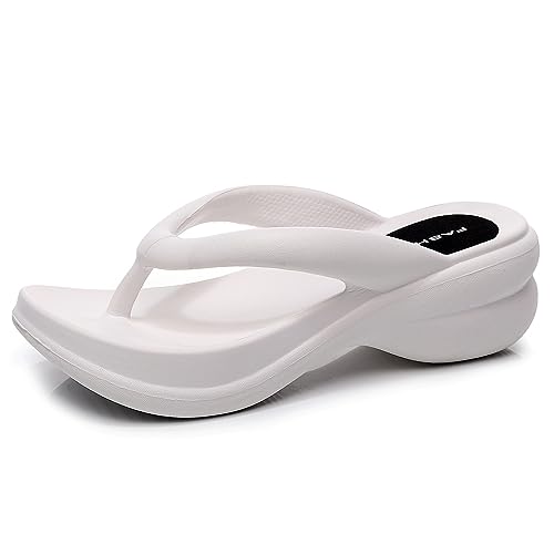 New front Chanclas de Fondo Grueso para Damas Nuevas de Verano Tacón de Cuña Arrastra Usar Sandalias de Playa con Punta de Clip Caseras Cómodas,Blanco,39