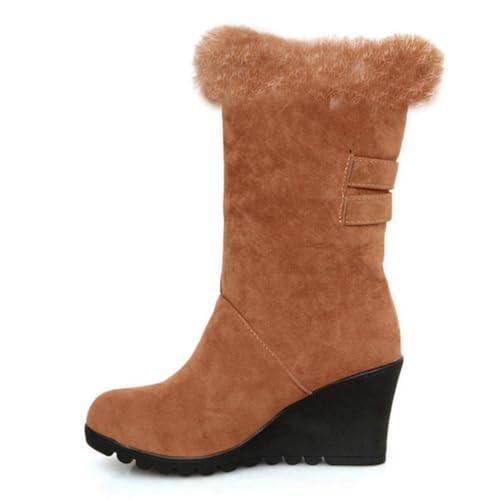 Women's Winter Fur Wedge Snow Boots Faux Suede Mid Calf Cold Weather Buckle Platform Fleece Lining Warm Wedges Snow Boots4