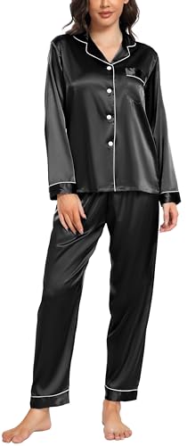 Image of Vlazom Pyjamas for Women, Soft Satin Long Sleeve Pjs Set Two Piece Silk Pyjamas Classic Button Down Sleepwear Loungewear for All Seasons Black,XXL