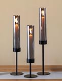 Sziqiqi Kerzenhalter Stabkerze Schwarz mit Rauchglas, 3er-Set für Deko