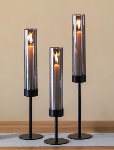 Sziqiqi Kerzenständer Stabkerzen Schwarz mit Rauchglas: 3er Kerzenhalter Stabkerze Metall mit Windlicht Glas Schwarz für Tischdeko - Modern Stabkerzenhalter für Outdoor Weihnachten Wohnzimmer