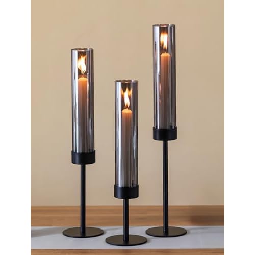 Sziqiqi Kandelaar voor Staaskaarsen Zwart met Rookglas: Set van 3 Metalen Kandelaars met Windlicht - Moderne Tafeldecoratie voor Binnen/Buiten, Woonkamer, Kerst