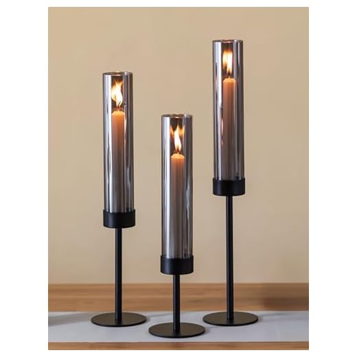 Sziqiqi Kandelaar voor Staaskaarsen Zwart met Rookglas: Set van 3 Metalen Kandelaars met Windlicht - Moderne Tafeldecoratie voor Binnen/Buiten, Woonkamer, Kerst