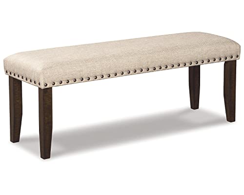 Signature Design by Ashley Rokane Farmhouse Upholstered Dining Bench with Nailhead Trim, Light Brown