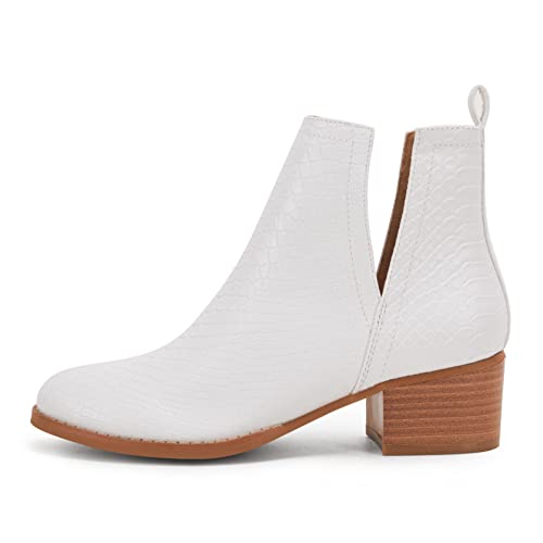 LAICIGO Women's V Cut Ankle Booties Low Stacked Heel Closed Toe Perforated Slipon Faux Leather Western Boots2