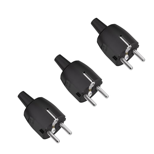 Temolink Spina Schuko, 3 pezzi, 16 A 250 V, IP20, impermeabile, spina con beccuccio antipiega, spina di protezione per cavi fino a 1-1,5 mm², colore nero