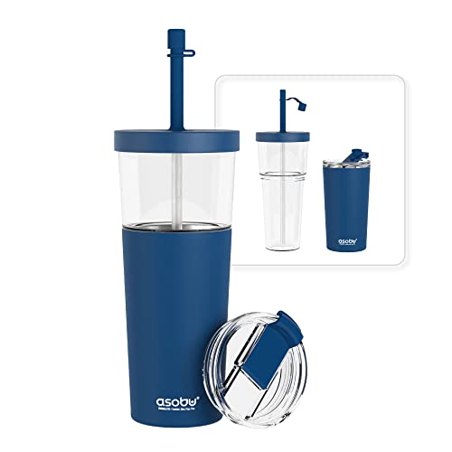Image of asobu Straw Tumbler Marina a Tritan 28 ounce Tumbler with a 17 Ounce Stainless Steel Insulated Sleeve for Ice Coffee or Hot Tea with a Flexi Straw Spill Proof Lid and a Flip Open Top Lid (Blue)