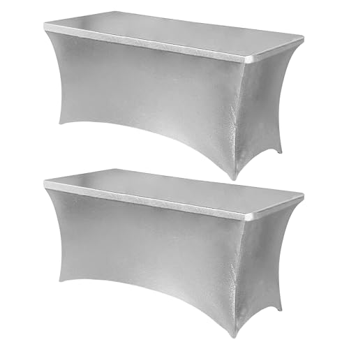 Image of Obstal 6ft Stretch Spandex Table Cover for Standard Folding Tables - Universal Rectangular Fitted Tablecloth Protector for Wedding, Banquet and Party, 72L x 30W x 30H Inches, Stamping Silver, 2pc