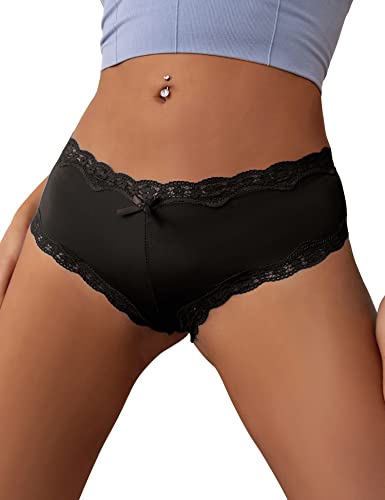 Image of ohyeahlady Women's Lace Satin Panties seamless Knickers Ladies Stretchy Low Rise Bikini Briefs Hipster Lace Underwear for Female Black UK Size 16-18
