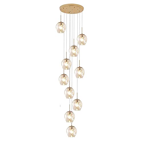 Lampadario per Scale per Villa,Lampada a Sospensione Goccia Pioggia con Globo in Vetro Soffiato a Mano,Lampada da Soffitto Lunga in Altezza Regolabile,Base in Acciaio Inossidabile(10 ligths, Amber)