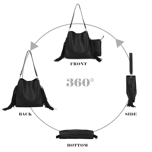 Large Hobo Handbag with Fringe Tassels Faux Leather Shoulder Bag with Magnetic Closure Black4