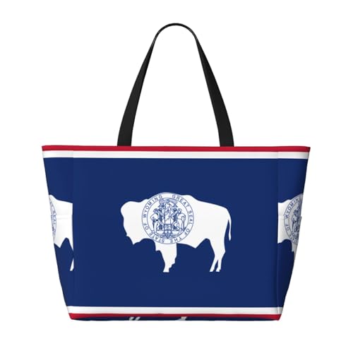 Large Capacity Beach Bag Women Print Tote Bag Waterproof Beach Bag Reusable Travel BagWyoming State Flag2