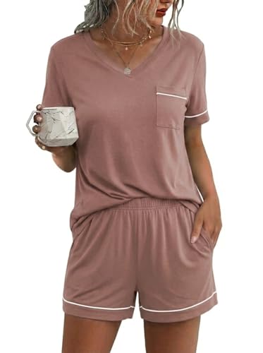 Image of Ekouaer Pajamas for Women Set Short Sleeve Loungewear Soft Pjs Shorts Set | V Neck Sleepwear with Pocket,Comfy Lounge Sets,Comfortable Fit,lightweight,Maternity,Gift,Sleeping & Bedtime,Lounging at Home