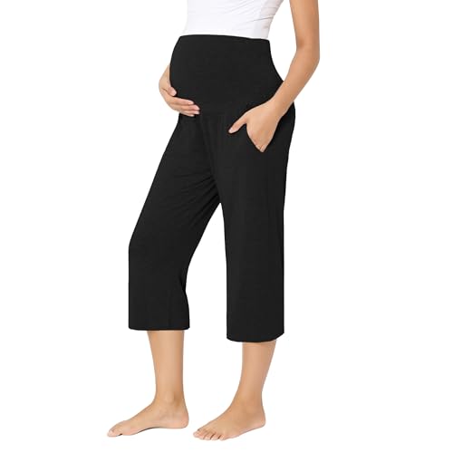 BRATUC Maternity Capri Pants for Women Bamboo Viscose Pregnancy Pants Over Belly Loose Comfy Lounge Pajama Bottoms Black X-Large