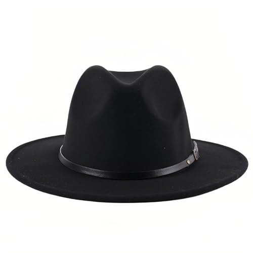 Sombrero Fedora clásico para mujer con hebilla de cinturón de ala ancha de fieltro Panamá sombrero unisex 56-58 cm, negro