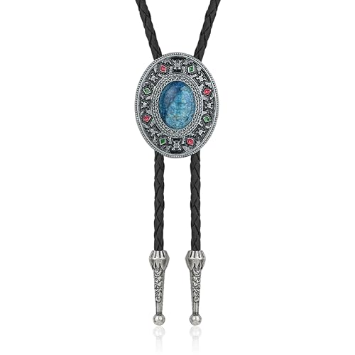 Image of Bolo Tie for Men Women Cowboy Turquoise Celtic Natural Tiger Eye Stone Longhorn Bull Western Leather Bolo Necktie