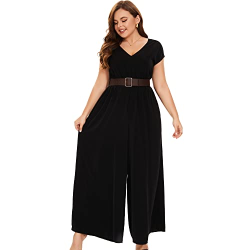 Tanmolo Jumpsuits For Women Dressy Deep V-Neck Plus Size Long Romper Classy Pantsuits Wide Leg Jumpsuit,Black,1Xl #TOP3