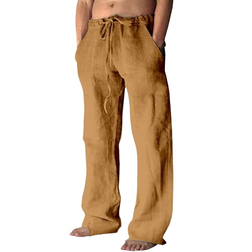 Mens Cotton Linen Pants Loose Fit Casual Lightweight Drawstring Waist Beach Trousers Summer Relaxed Fit Lounge Pants