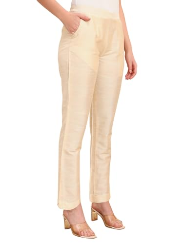 Image of Vogaan Women's Cotton Silk Pant | Half-Elasticated Waist Slim Fit Trouser for Women | Casual Pocket Pants for Office Formal Daily Use